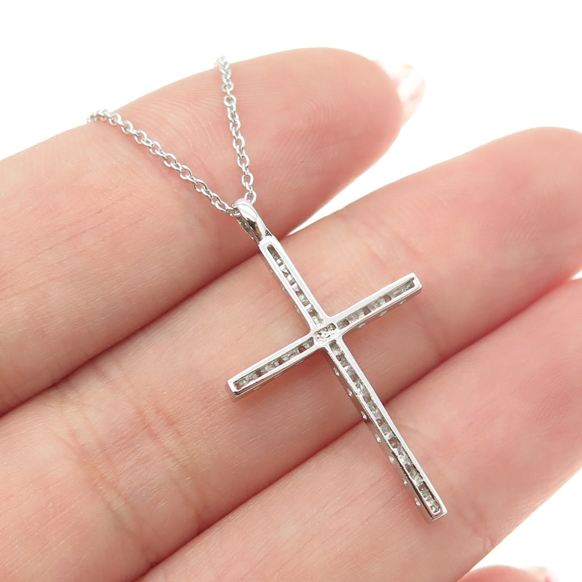 925 Sterling Silver Round-Cut C Z Cross Cable Chain Necklace 16-18"