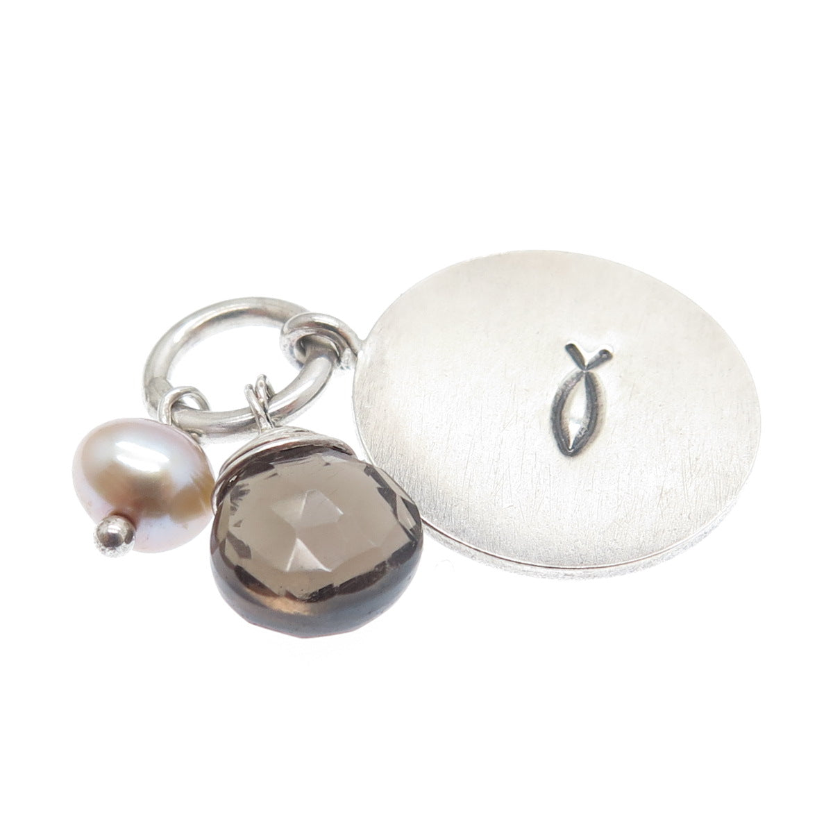 LOTUS 925 Sterling Silver Vintage Real Pearl Smoky Quartz Ichthys Charm Pendant