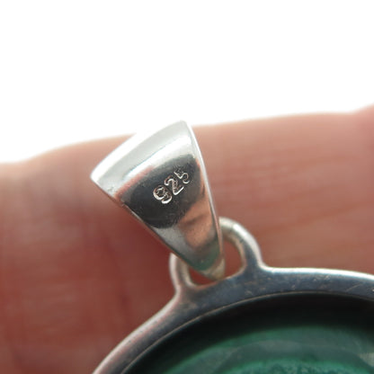 925 Sterling Silver Vintage Real Malachite Modernist Round Charm Pendant