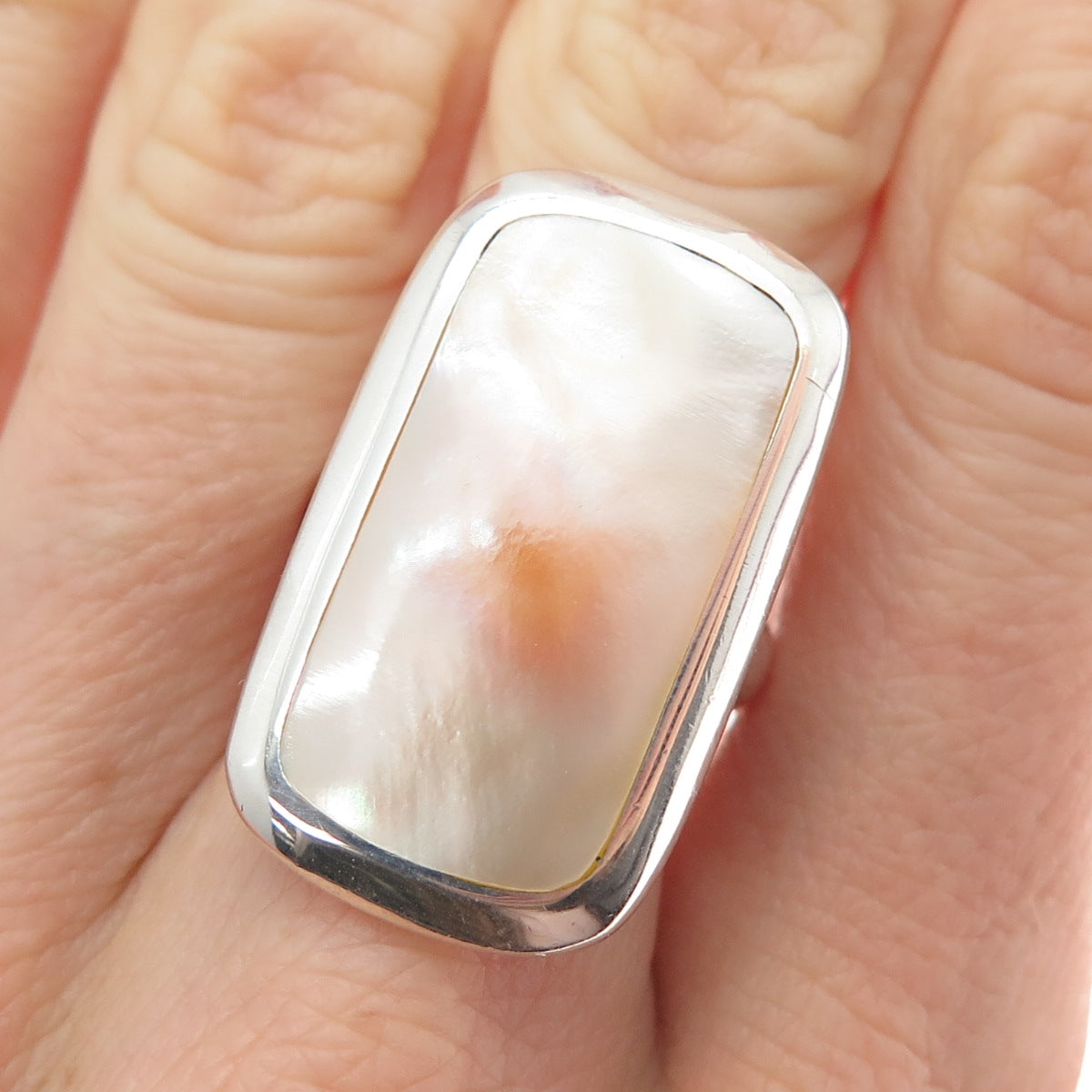 CHAPAL ZENRAY 925 Sterling Silver Vintage Real Mother-of-Pearl Ring Size 7.25