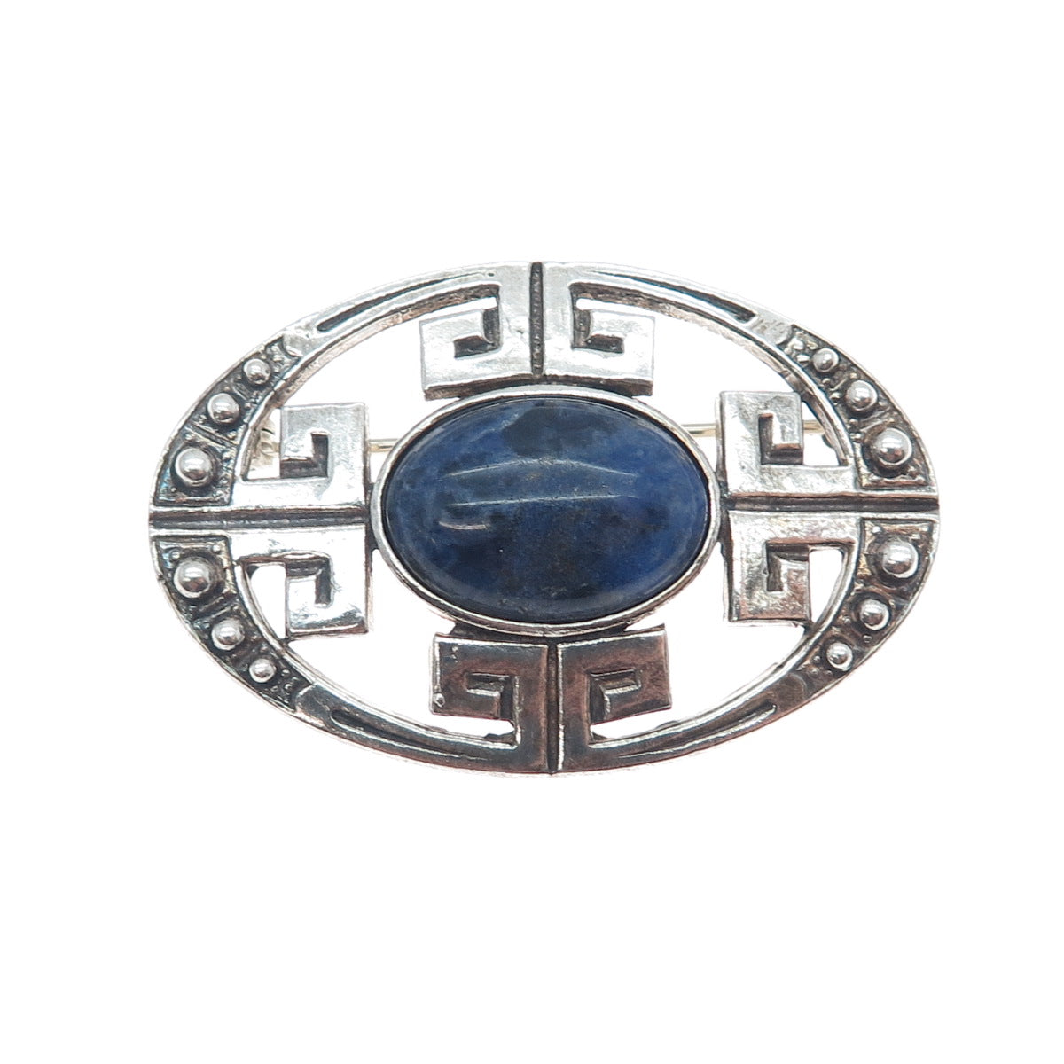 925 Sterling Silver Vintage Real Sodalite Greek Key Oxidized Pin Brooch