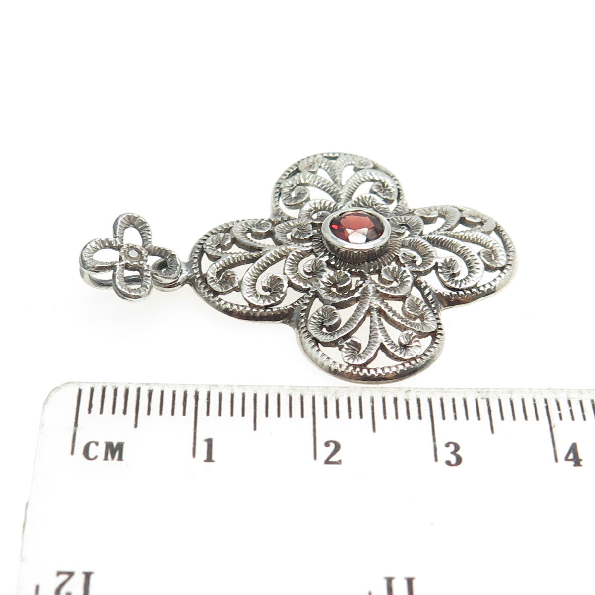 CHAPAL ZENRAY 925 Sterling Silver Vintage Real Red Garnet Floral Pendant