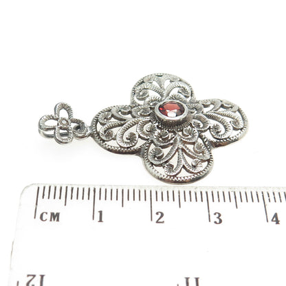 CHAPAL ZENRAY 925 Sterling Silver Vintage Real Red Garnet Floral Pendant