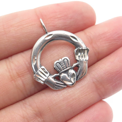 925 Sterling Silver Vintage Irish Claddagh Diamond-Cut Minimalist Charm Pendant