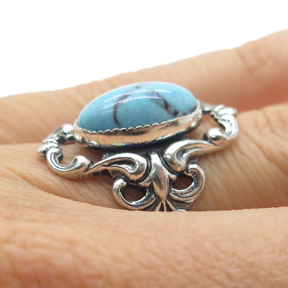 BEAU 925 Sterling Silver Antique Art Deco Faux Turquoise Ring Size 6.25