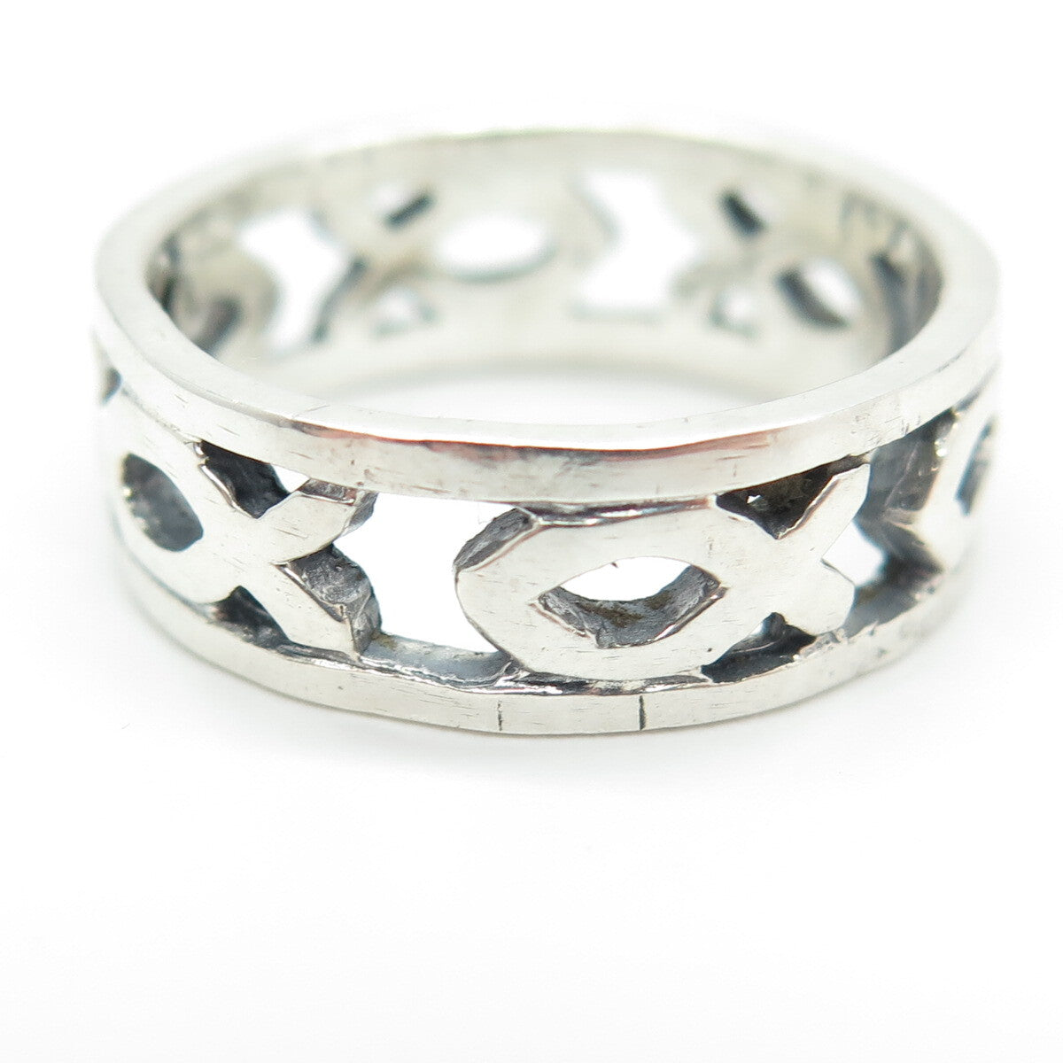 925 Sterling Silver Vintage Ichthys All Around Religious Band Ring Size 8.25