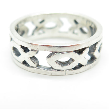 925 Sterling Silver Vintage Ichthys All Around Religious Band Ring Size 8.25