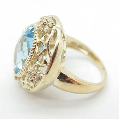 925 Sterling Silver Gold Plated Real Blue Topaz & C Z Swirl Ring Size 6.25