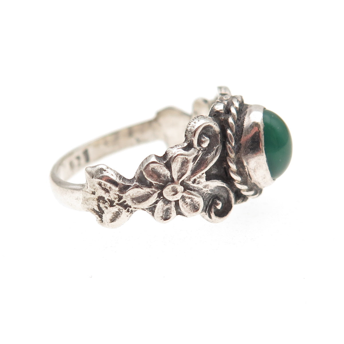 925 Sterling Silver Vintage Real Green Onyx Oxidized Ring Size 6.75