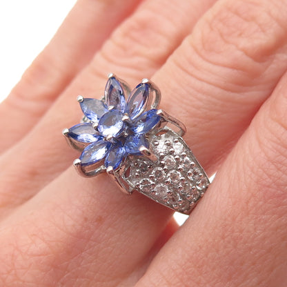 Chuck Clemency 925 Sterling Real Tanzanite & White Topaz Floral Ring Size 8.25