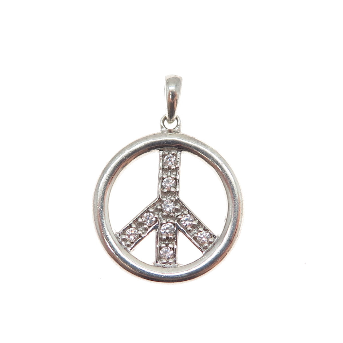 SAI 925 Sterling Silver Round-Cut C Z Peace Symbol Minimalist Charm Pendant