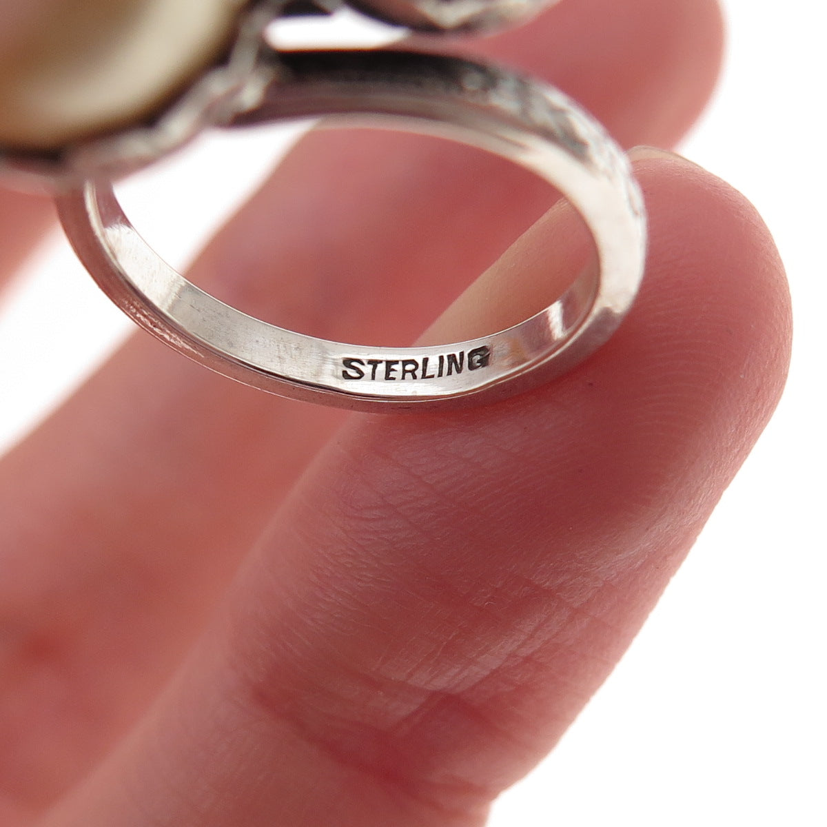 925 Sterling Silver Antique Art Deco Faux Pearl Bypass Adjustable Ring Size 3.75