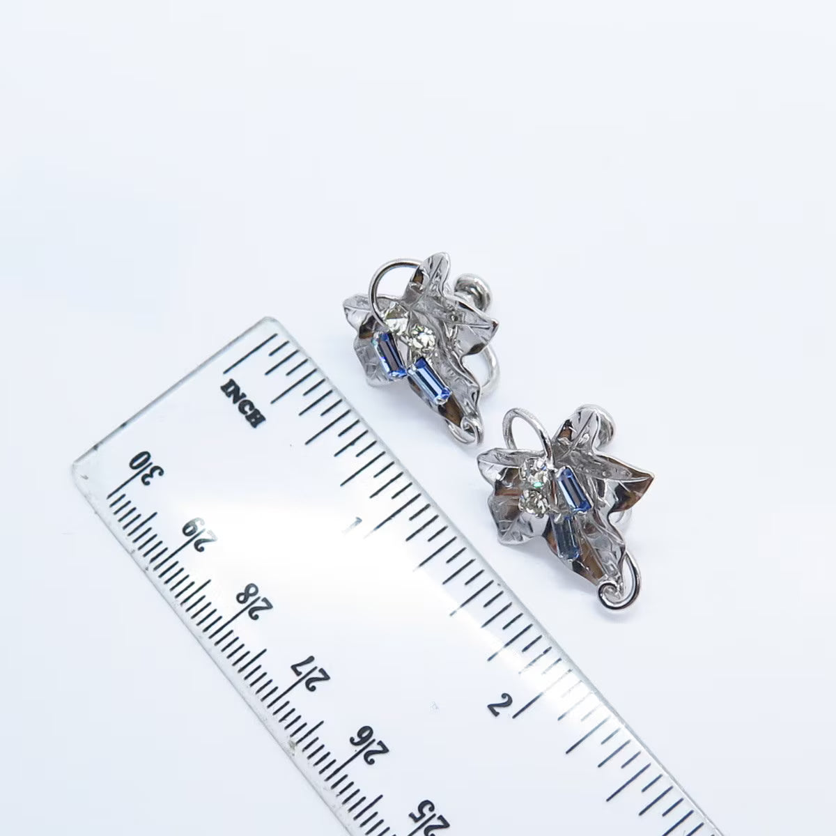 925 Sterling Silver Vintage Cart Art Blue Rhinestone Leaf Screw Back