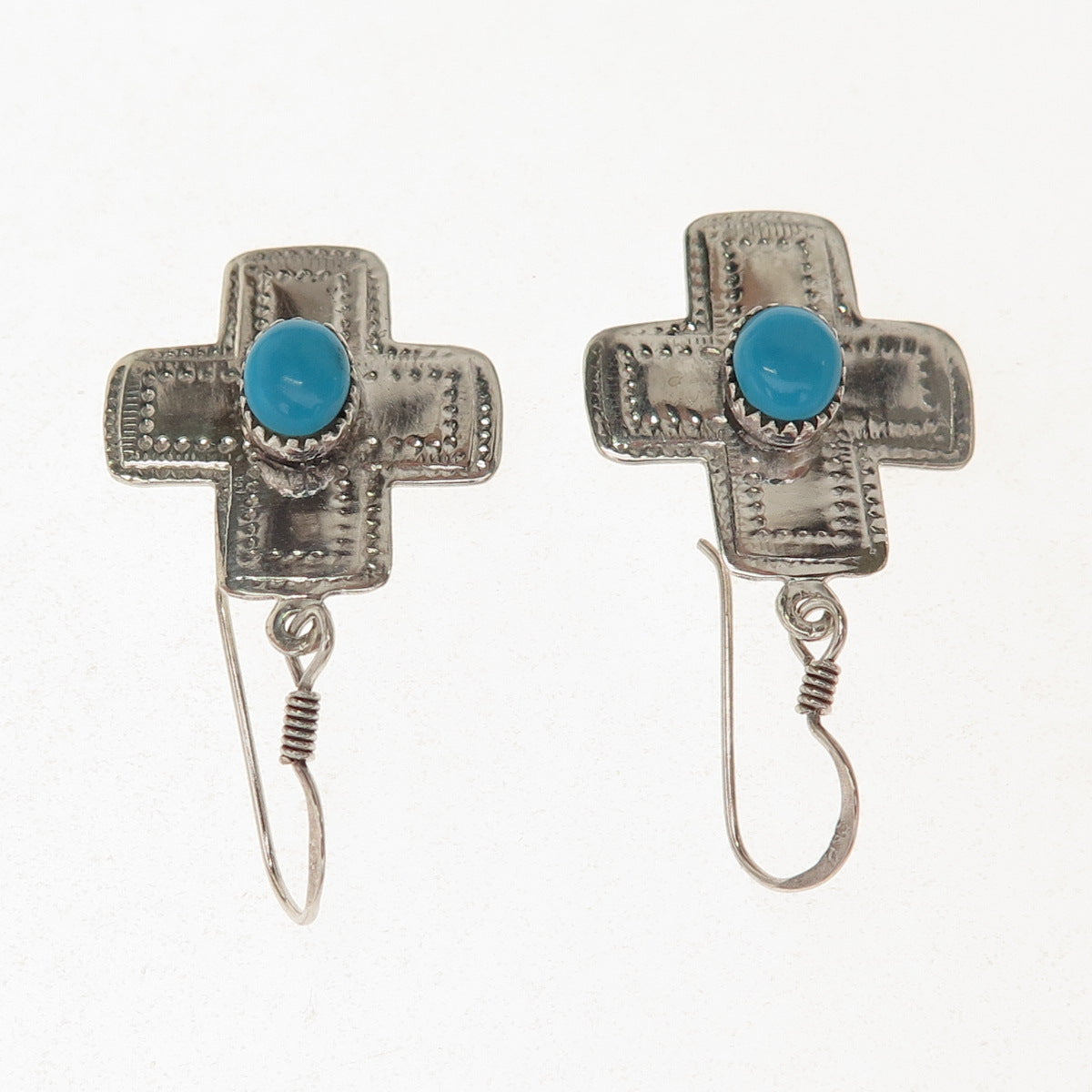 Sidney Evan 925 Sterling Silver Vintage Real Turquoise Cross Dangle Earrings