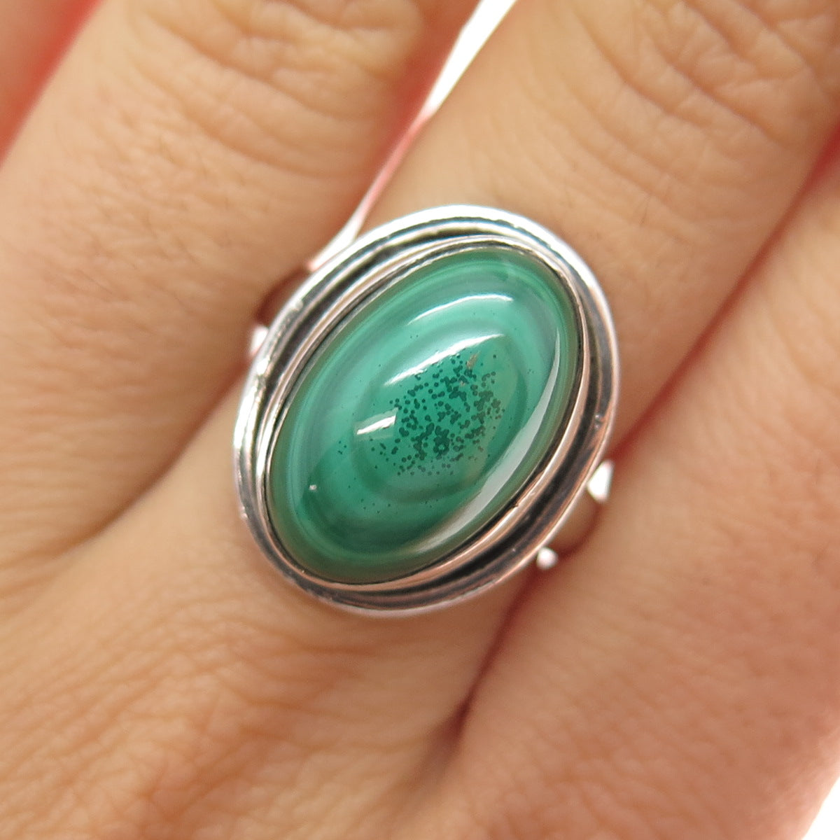 925 Sterling Silver Vintage Real Malachite Modernist Ring Size 7.75