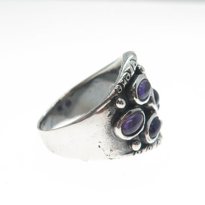 925 Sterling Silver Vintage Real Amethyst Cluster Oxidized Ring Size 8
