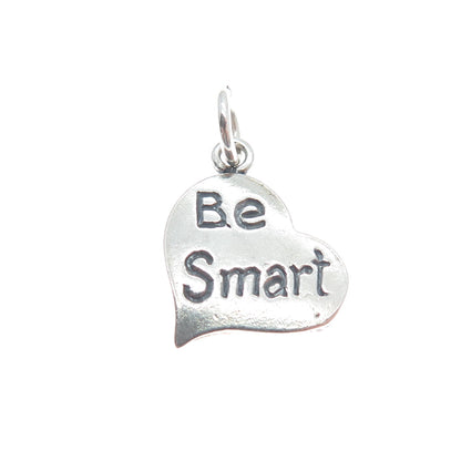 925 Sterling Silver Vintage Be Smart Heart Oxidized Minimalist Charm Pendant