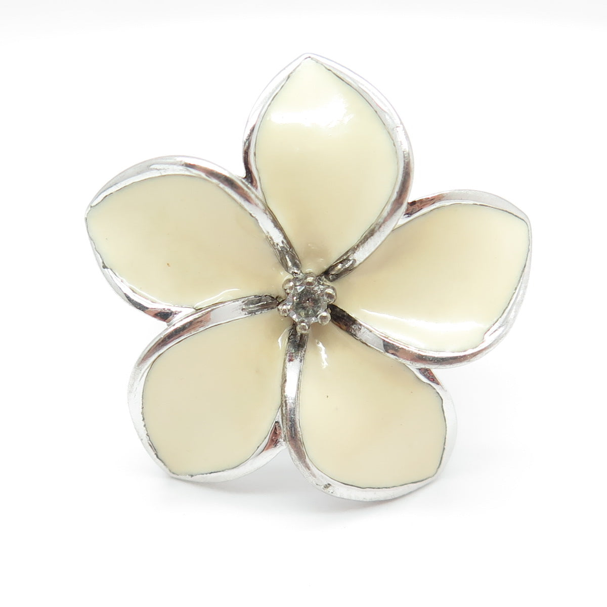 MICHELLE ALBALA 925 Sterling Enamel Real Diamond Hawaiian Plumeria Ring Size 7