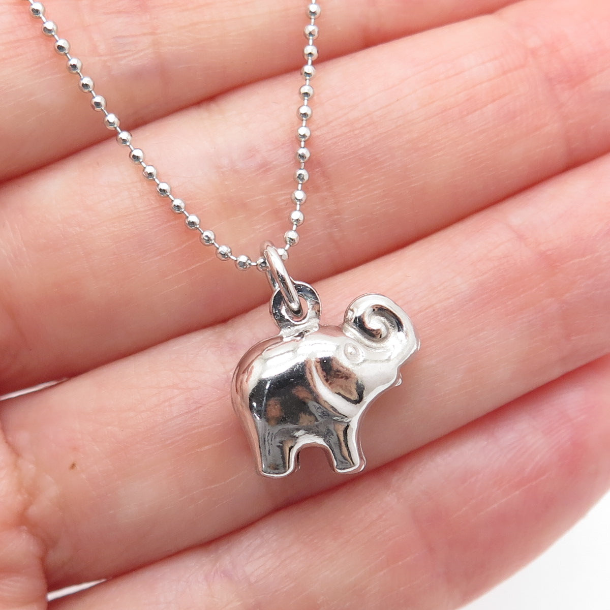 925 Sterling Silver Italy Puffy Elephant Pendant Beaded Chain Necklace 16-18"