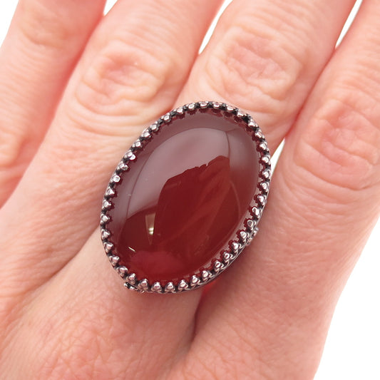 925 Sterling Vintage Real Carnelian Floral Filigree Oxidized Ring Size 7.25