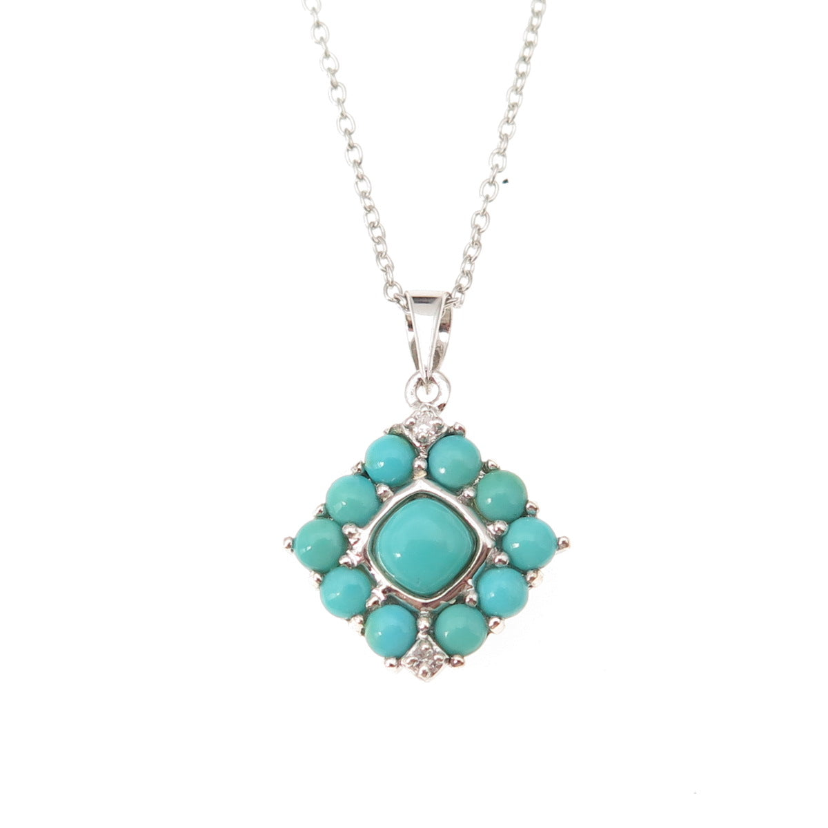 925 Sterling Silver Real Turquoise & White Topaz Cable Chain Necklace 18"