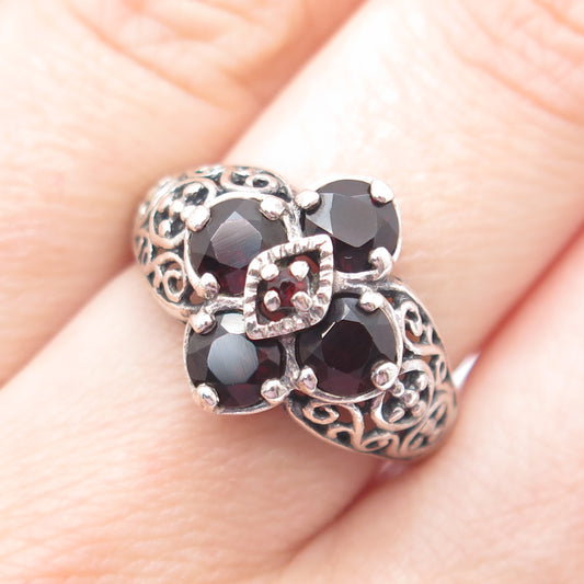 925 Sterling Silver Vintage Real Red Garnet Floral Ornate Ring Size 7.25