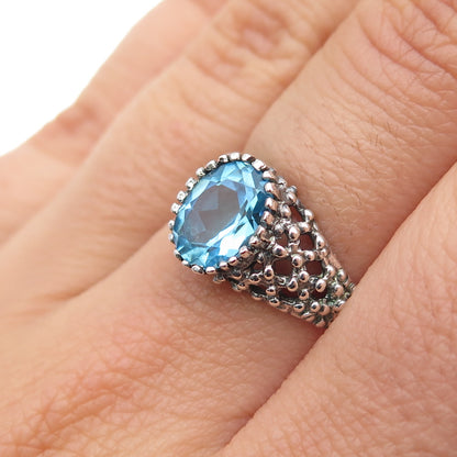 925 Sterling Silver Vintage Blue C Z Modernist Granulated Oxidized Ring Size 6