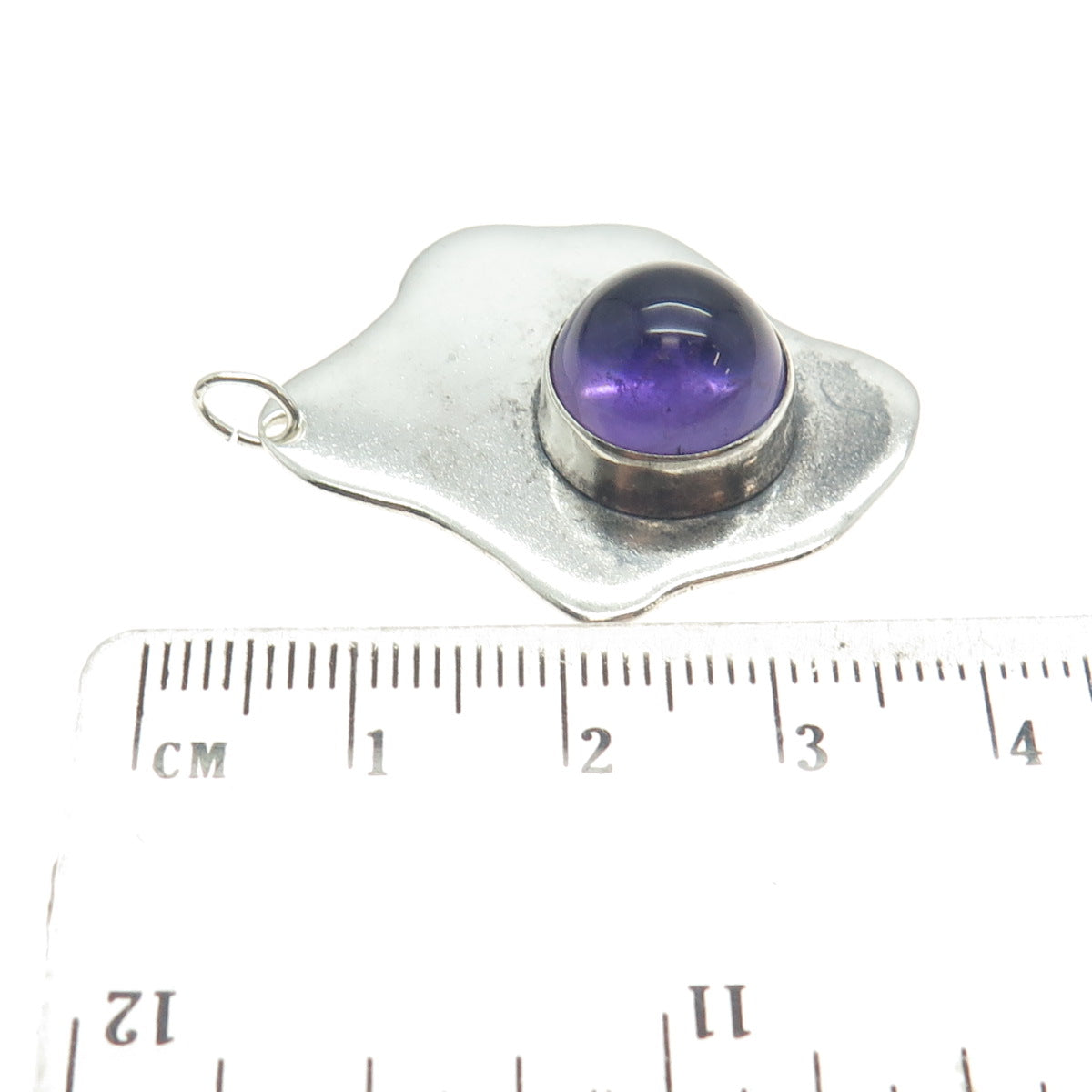 925 Sterling Silver Vintage Real Amethyst Gemstone Modernist Pendant