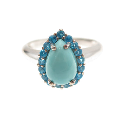 925 Sterling Silver Real Turquoise & Apatite Teardrop Ring Size 8