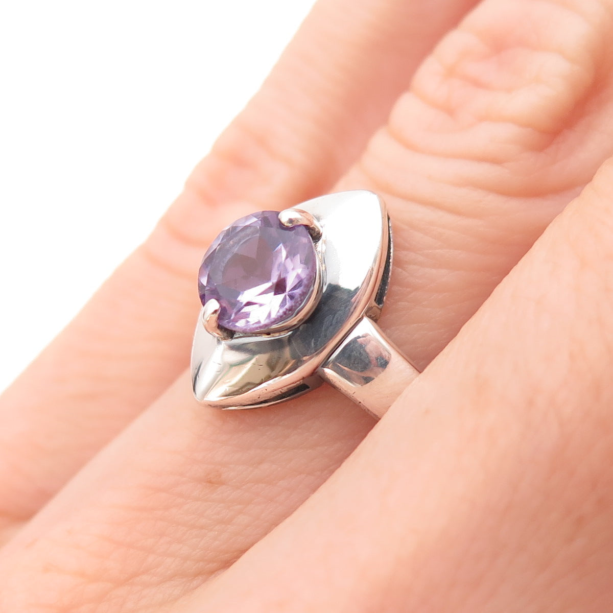 Chuck Clemency 925 Sterling Silver Vintage Real Amethyst Modernist Ring Size 6