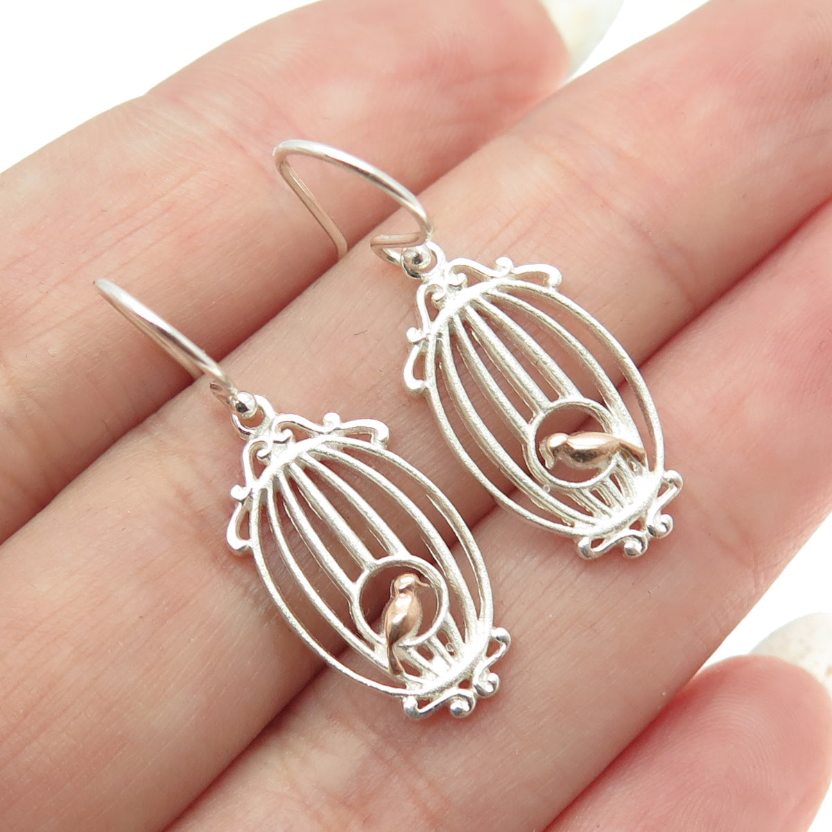 925 Sterling Silver 2-Tone Bird Cage Dangling Earrings