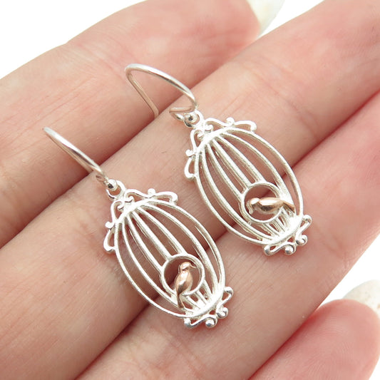 925 Sterling Silver 2-Tone Bird Cage Dangling Earrings