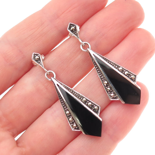 925 Sterling Silver Vintage Real Black Onyx & Marcasite Dangle Earrings