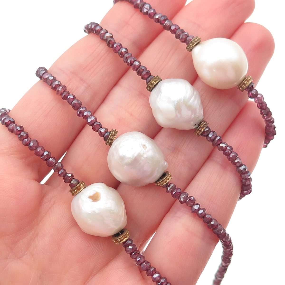 925 Sterling Gold Plated Vintage Real Baroque Pearl & Crystal Belly Necklace 72"