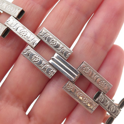 925 Sterling Silver Antique Art Deco Floral Panel Bar Link Bracelet 6.75"