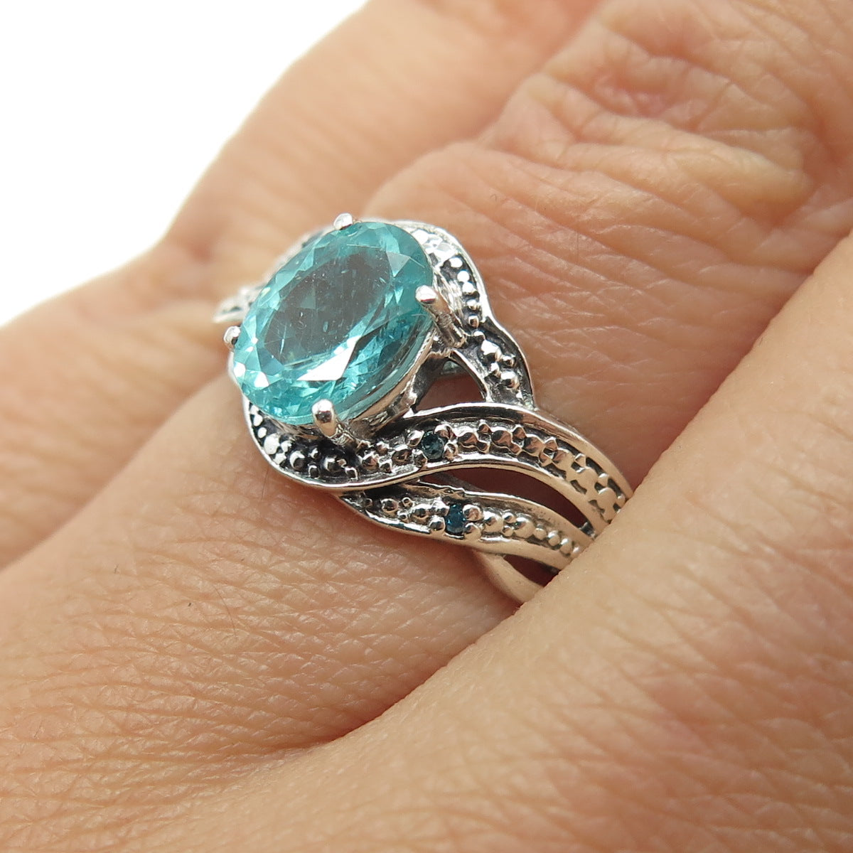 CHUCK CLEMENCY 925 Sterling Silver Real Blue Diamond & Aquamarine Ring Size 6.25