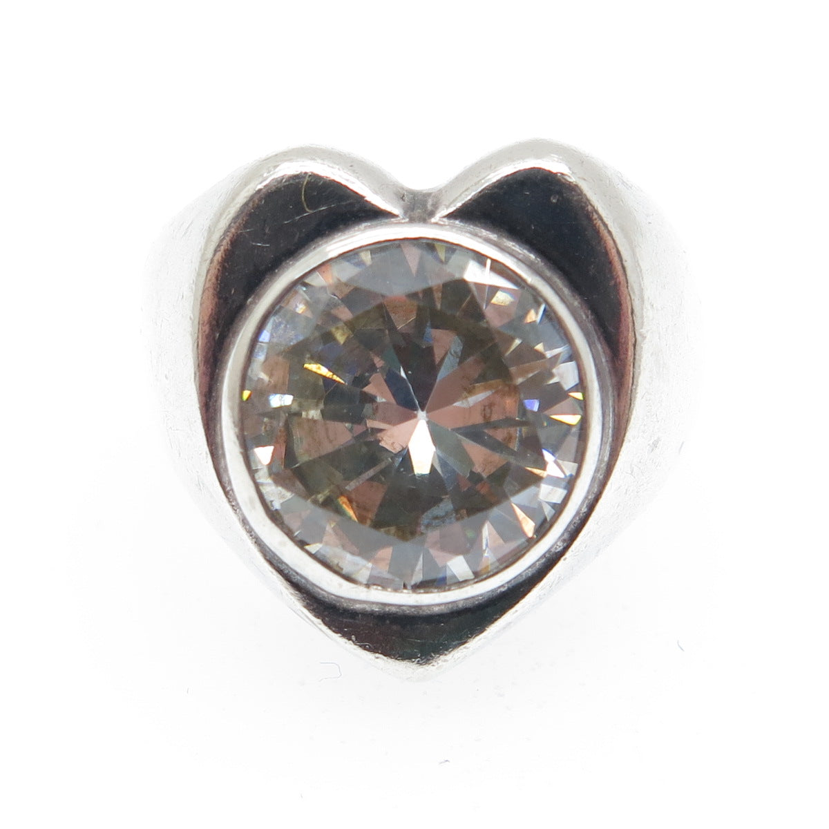 925 Sterling Silver Vintage Mexico Round-Cut C Z Modernist Heart Ring Size 6.5