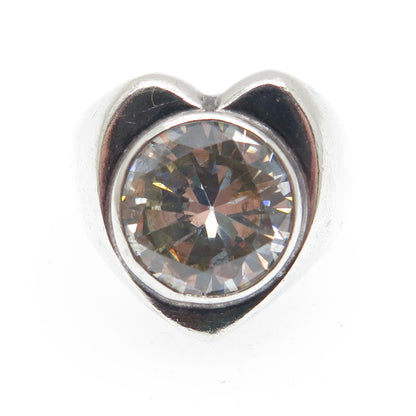925 Sterling Silver Vintage Mexico Round-Cut C Z Modernist Heart Ring Size 6.5