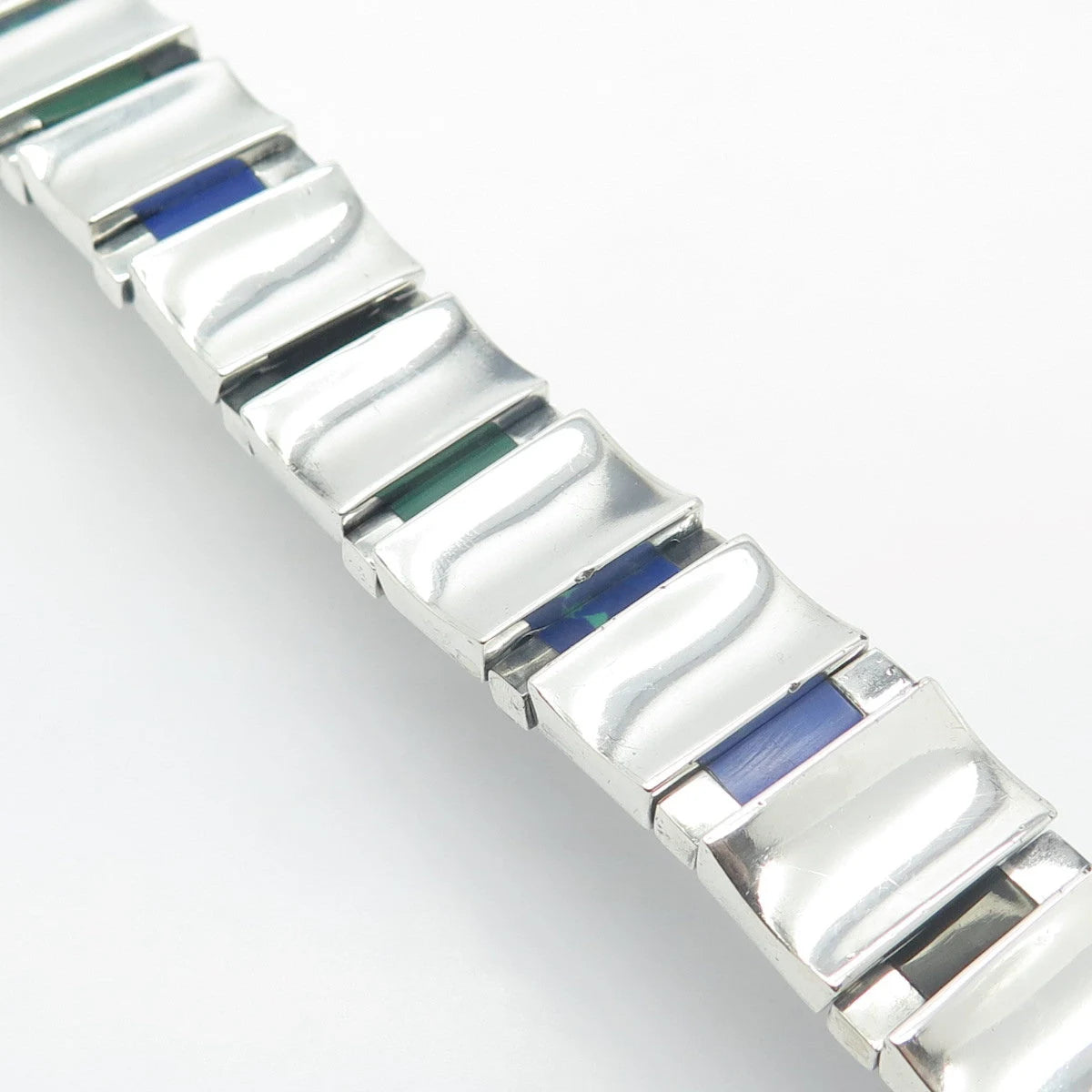 925 Sterling Silver Vintage Mexico Malachite Azurite & Black Onyx Bracelet 6.5"