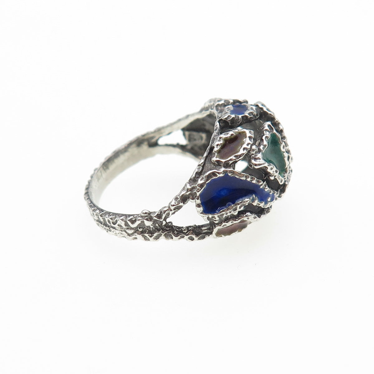925 Sterling Silver Vintage Enamel Modernist Oxidized Ring Size 6