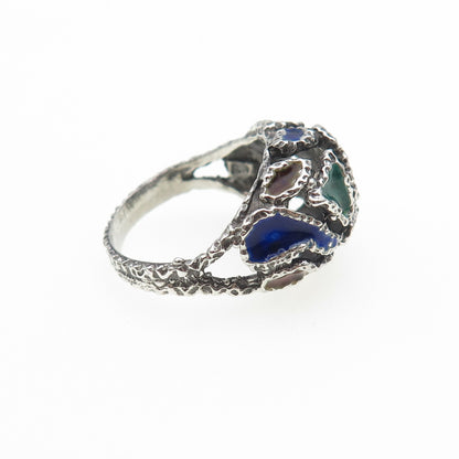 925 Sterling Silver Vintage Enamel Modernist Oxidized Ring Size 6