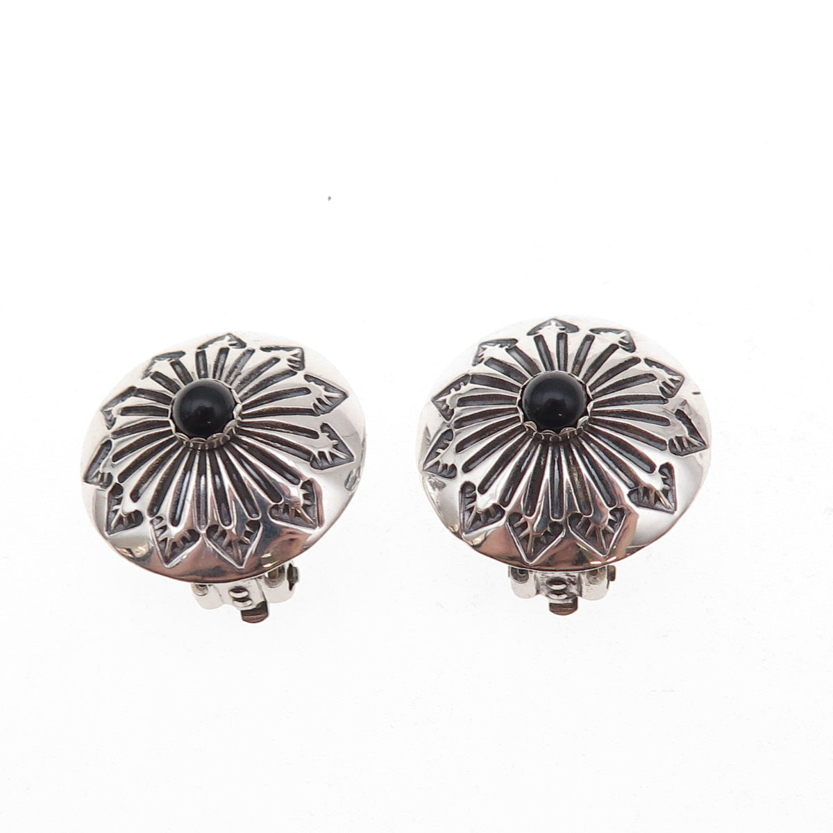 Old Pawn 925 Sterling Silver Vintage Black Onyx Concho Tribal Clip On Earrings