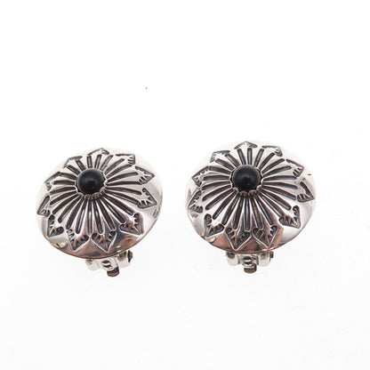 Old Pawn 925 Sterling Silver Vintage Black Onyx Concho Tribal Clip On Earrings