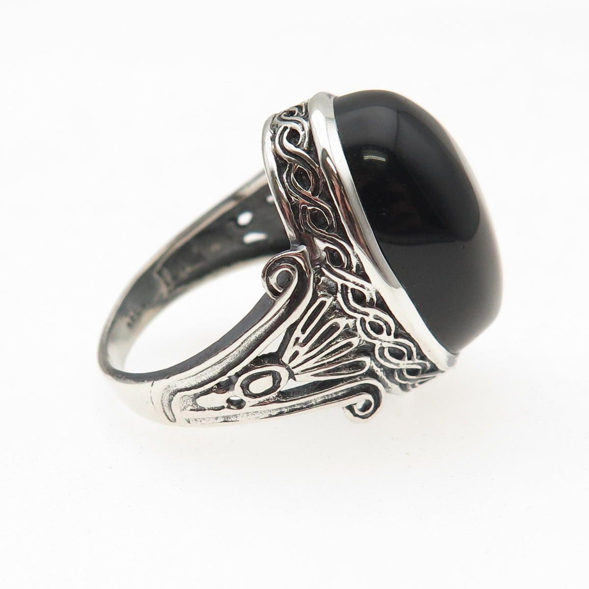 925 Sterling Silver Vintage Black Onyx Art Deco Style Oxidized Ring Size 7.25