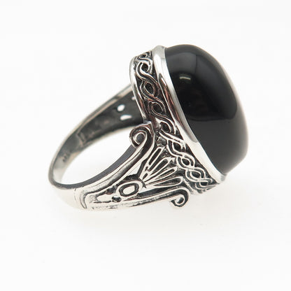 925 Sterling Silver Vintage Black Onyx Art Deco Style Oxidized Ring Size 7.25