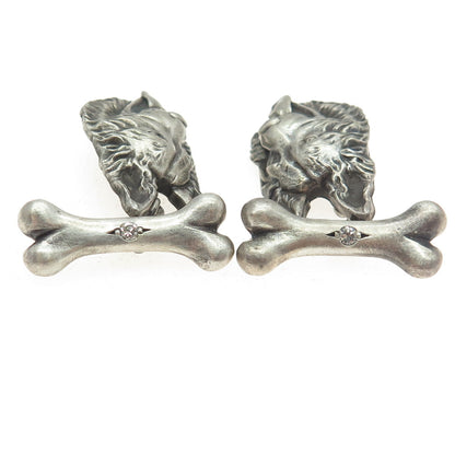 925 Sterling Silver Vintage Real Round-Cut Diamond K9 German Shepherd Cufflinks