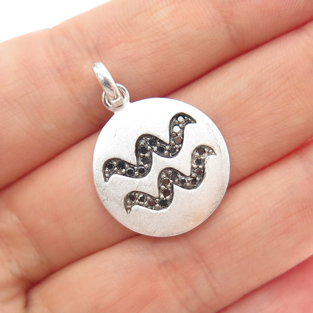 925 Sterling Silver Real Black Diamond Aquarius Zodiac Sign Tag Charm Pendant