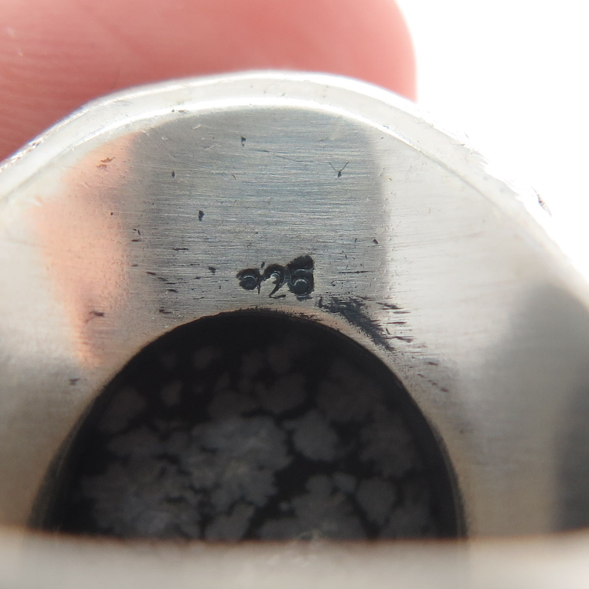 925 Sterling Silver Vintage Snowflake Obsidian Circle Link Oxidized Ring Size 9