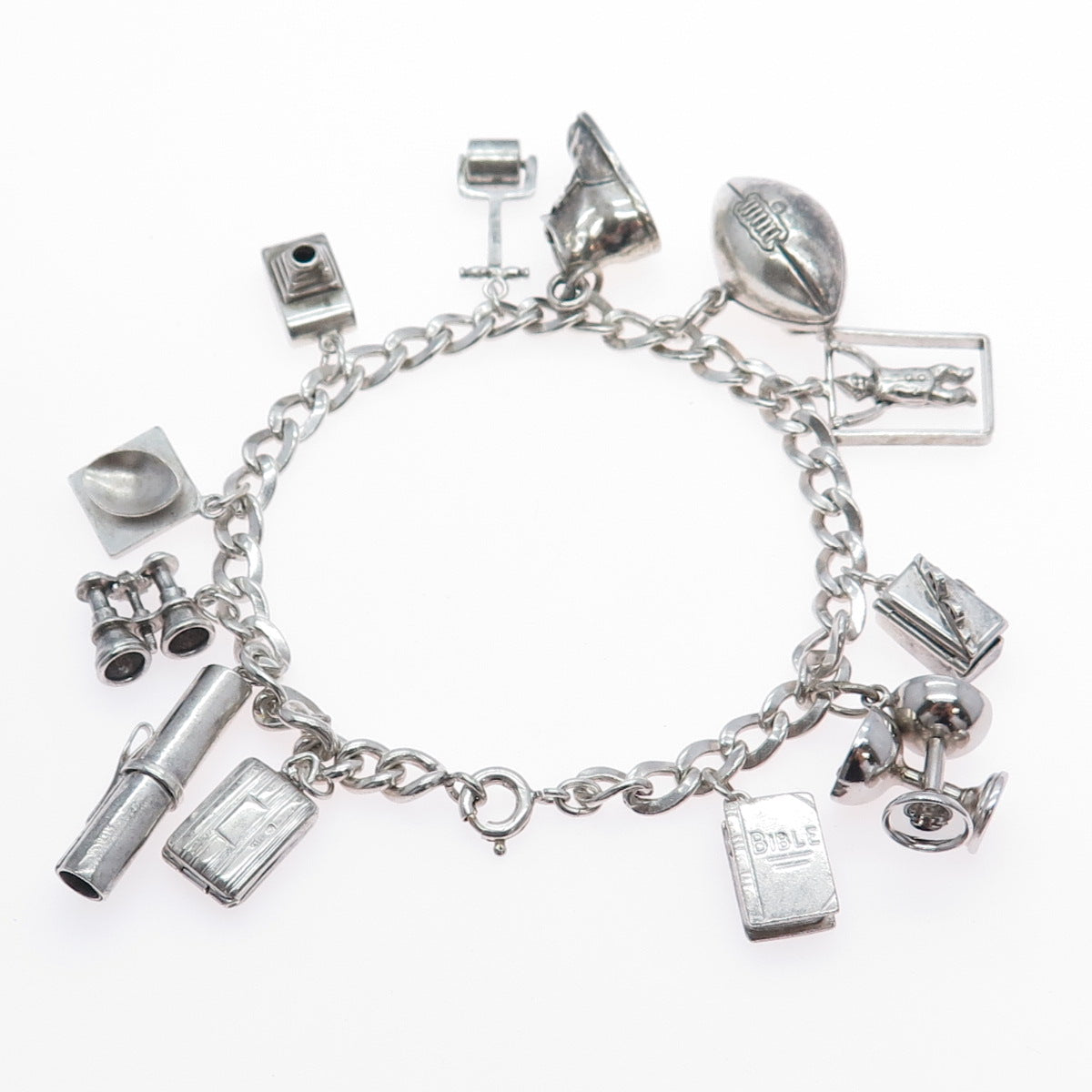 925 Sterling Silver Vintage Multi-Charms Oxidized Bracelet 7.25"
