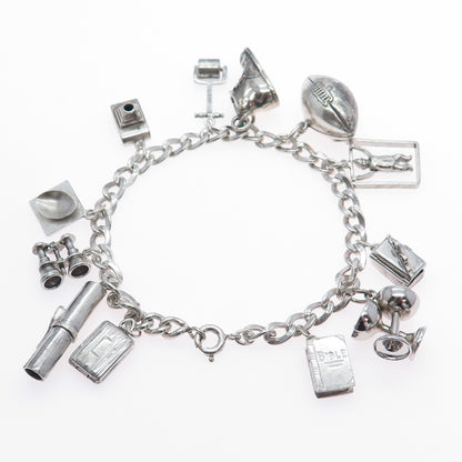 925 Sterling Silver Vintage Multi-Charms Oxidized Bracelet 7.25"